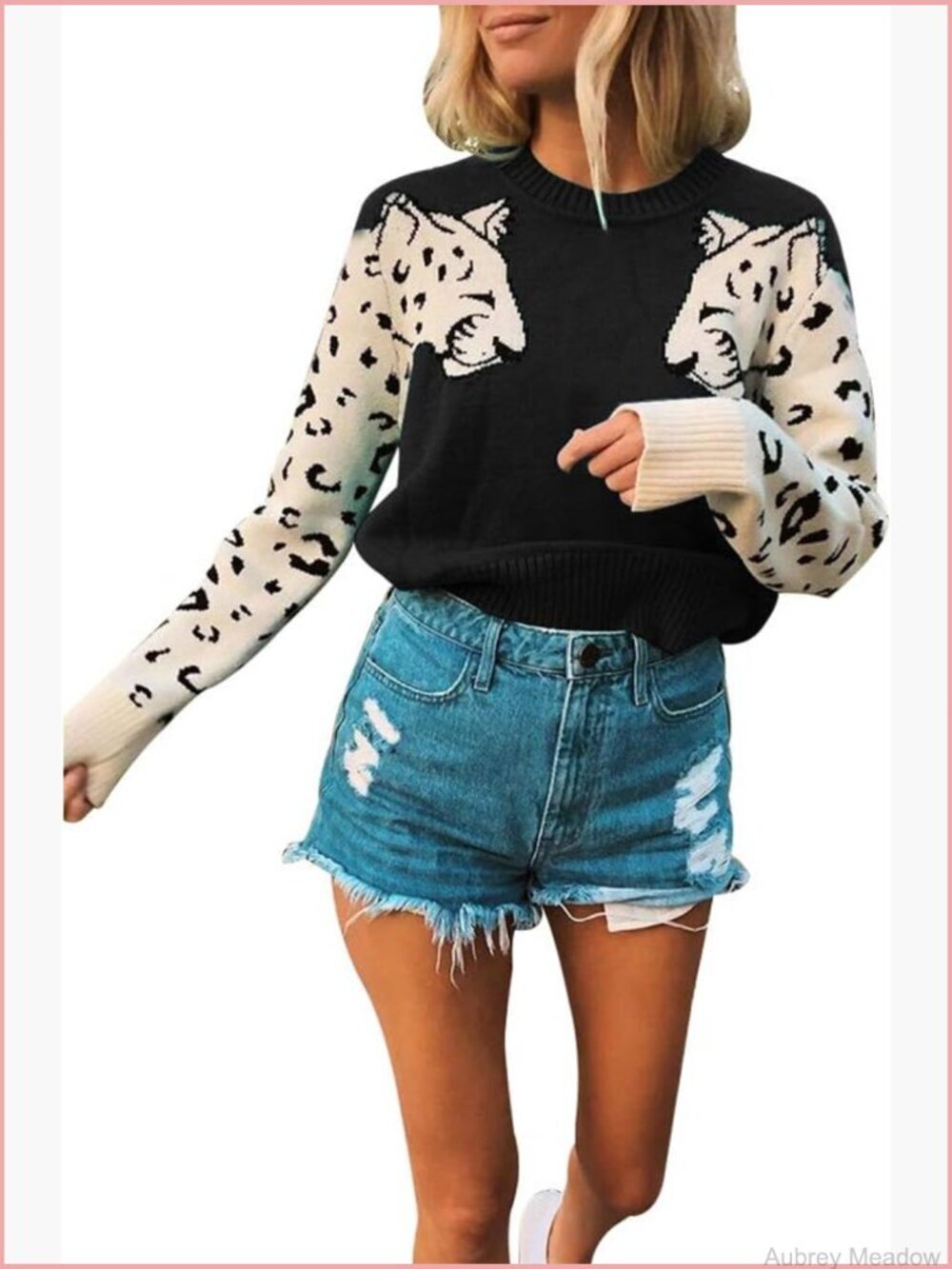 Women's Casual Leopard Print Knitted Pullover Sweater Long Sleeve Crew Neck